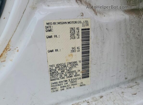 1N4BL4DV7MN330956 2021 NISSAN ALTIMA White VIN კოდის სტიკერის ხედი
