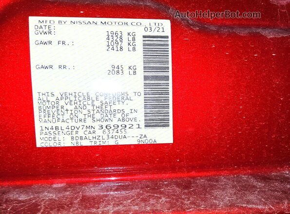 1N4BL4DV7MN369921 2021 NISSAN ALTIMA Red Շարժիչի բաժամունքի տեսք