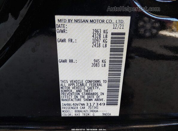 1N4BL4DV7NN317349 2022 NISSAN ALTIMA Black Շարժիչի բաժամունքի տեսք