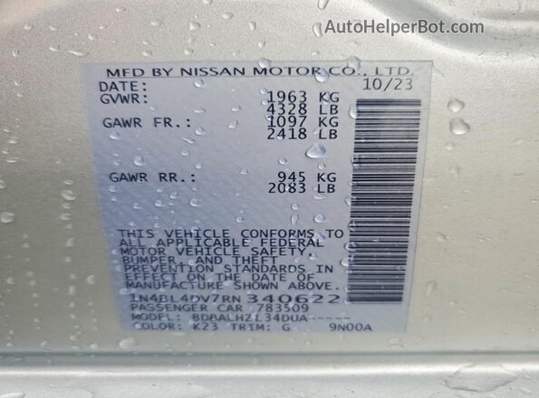 1N4BL4DV7RN340622 2024 NISSAN ALTIMA Серебряный Вид наклейки с VIN-кодом
