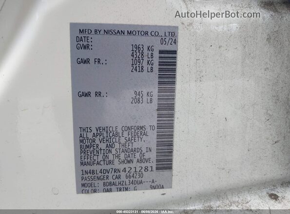1N4BL4DV7RN421281 2024 NISSAN ALTIMA White Вид підкапотного простору