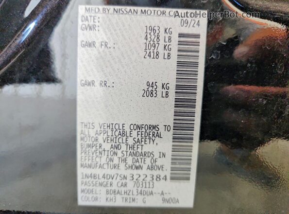 1N4BL4DV7SN322384 2025 NISSAN ALTIMA Black VIN sticker view