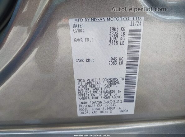 1N4BL4DV7SN340321 2025 NISSAN ALTIMA Gray Вид підкапотного простору