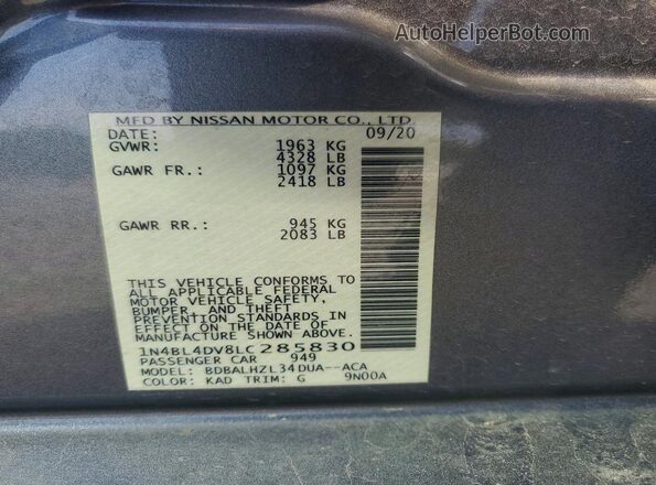 1N4BL4DV8LC285830 2020 NISSAN ALTIMA Silver Vista del compartimento del motor