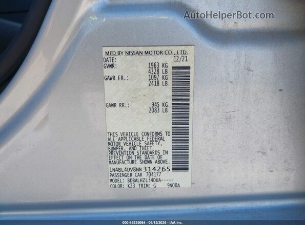 1N4BL4DV8NN314265 2022 NISSAN ALTIMA Silver Շարժիչի բաժամունքի տեսք