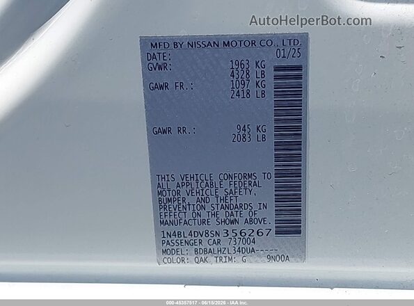 1N4BL4DV8SN356267 2025 NISSAN ALTIMA White Widok komory silnika