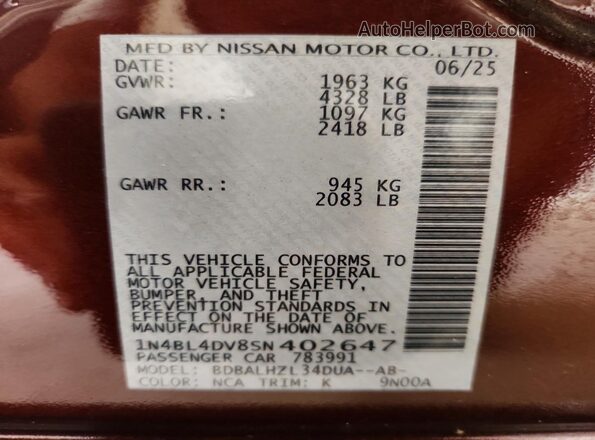 1N4BL4DV8SN402647 2025 NISSAN ALTIMA Maroon Widok komory silnika