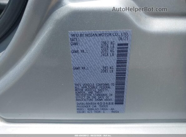 1N4BL4DV8SN403488 2025 NISSAN ALTIMA Silver Вид підкапотного простору