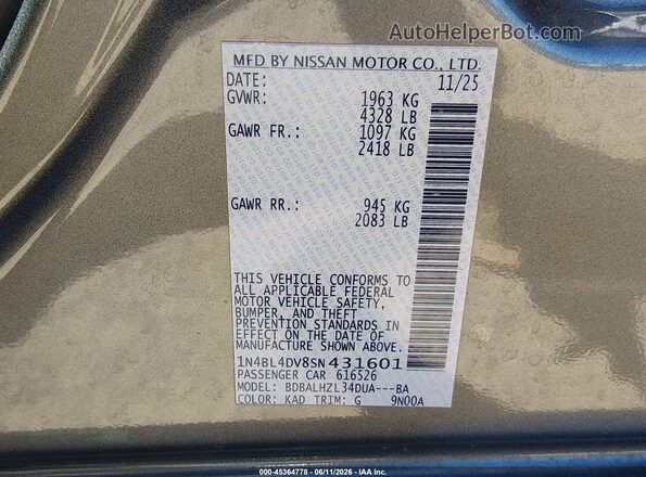 1N4BL4DV8SN431601 2025 NISSAN ALTIMA Gray 