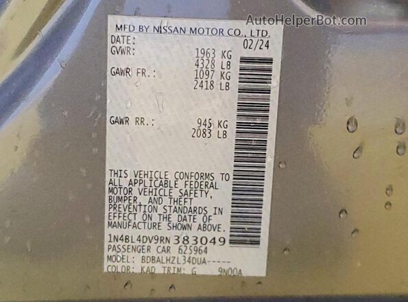 1N4BL4DV9RN383049 2024 NISSAN ALTIMA Gray Widok naklejki z numerem VIN