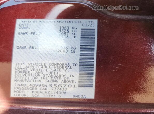 1N4BL4DV9SN356701 2025 NISSAN ALTIMA Burgundy VIN კოდის სტიკერის ხედი