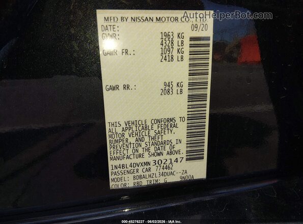 1N4BL4DVXMN302147 2021 NISSAN ALTIMA Black Vista del compartimento del motor