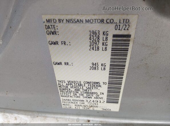 1N4BL4DVXNN324912 2022 NISSAN ALTIMA Silver Շարժիչի բաժամունքի տեսք