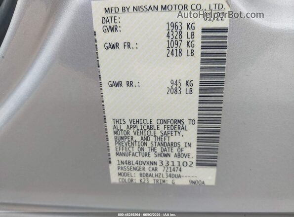 1N4BL4DVXNN331102 2022 NISSAN ALTIMA Silver Widok komory silnika