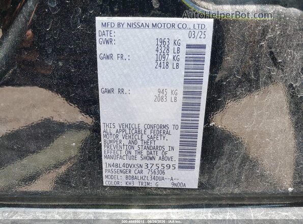 1N4BL4DVXSN375595 2025 NISSAN ALTIMA Black Շարժիչի բաժամունքի տեսք