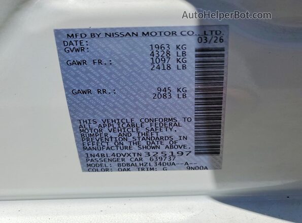 1N4BL4DVXTN325197 2026 NISSAN ALTIMA White VIN sticker view