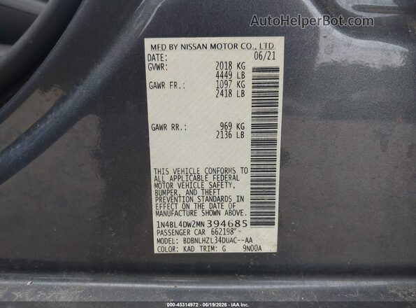 1N4BL4DW2MN394685 2021 NISSAN ALTIMA Gray Engine compartment view
