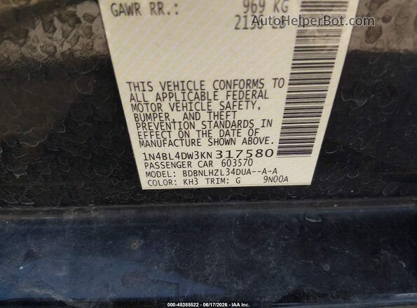1N4BL4DW3KN317580 2019 NISSAN ALTIMA Black Vista del compartimento del motor