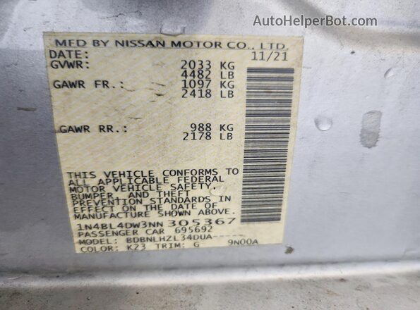 1N4BL4DW3NN305367 2022 NISSAN ALTIMA Silver VIN კოდის სტიკერის ხედი