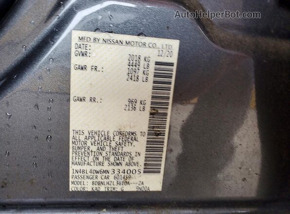 1N4BL4DW6MN334005 2021 NISSAN ALTIMA Gray Շարժիչի բաժամունքի տեսք