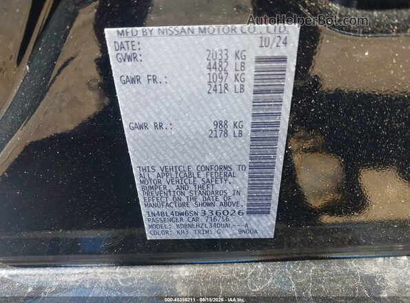 1N4BL4DW6SN336026 2025 NISSAN ALTIMA Black ძრავის განყოფილების ხედი