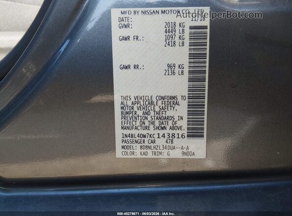 1N4BL4DW7KC143816 2019 NISSAN ALTIMA Gray ძრავის განყოფილების ხედი
