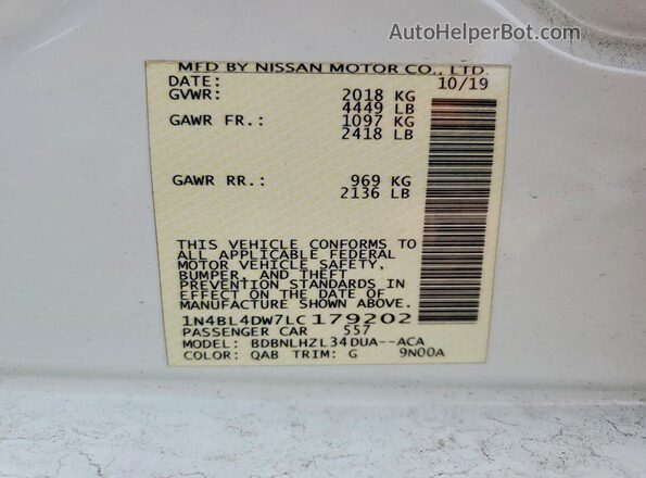 1N4BL4DW7LC179202 2020 NISSAN ALTIMA White ძრავის განყოფილების ხედი