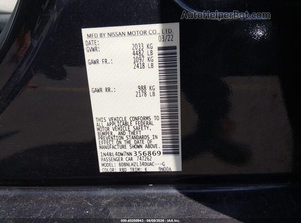 1N4BL4DW7NN356869 2022 NISSAN ALTIMA Black 