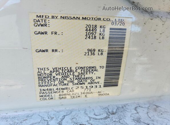 1N4BL4DW8LC251931 2020 NISSAN ALTIMA White Vista del compartimento del motor
