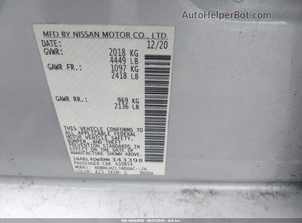 1N4BL4DW8MN343398 2021 NISSAN ALTIMA Silver Вид підкапотного простору