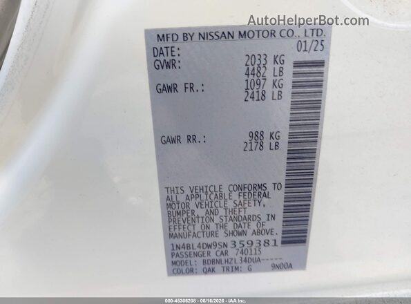1N4BL4DW9SN359381 2025 NISSAN ALTIMA White Engine compartment view
