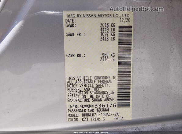 1N4BL4DWXMN336176 2021 NISSAN ALTIMA Gray Engine compartment view