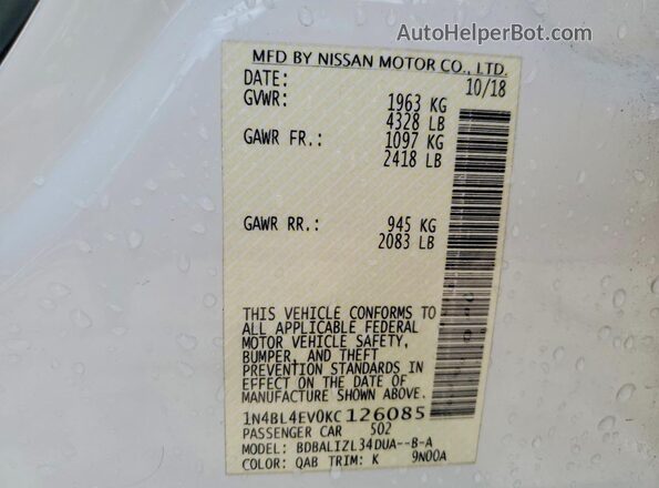 1N4BL4EV0KC126085 2019 NISSAN ALTIMA Белый 