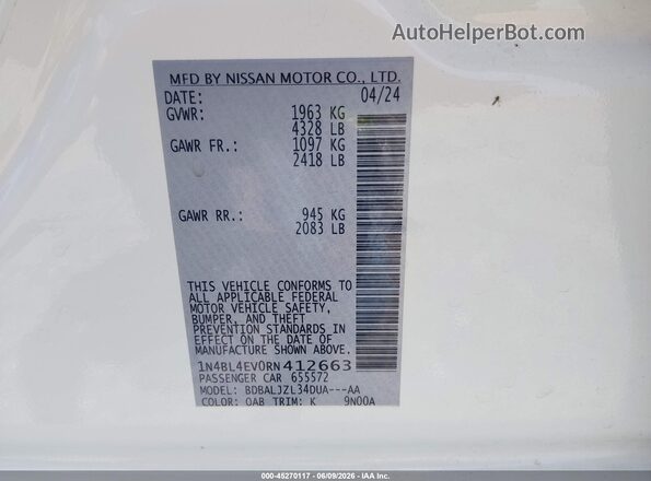 1N4BL4EV0RN412663 2024 NISSAN ALTIMA White Engine compartment view