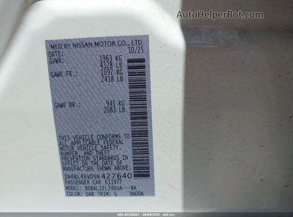 1N4BL4EV0SN427640 2025 NISSAN ALTIMA Белый Вид подкапотного пространства