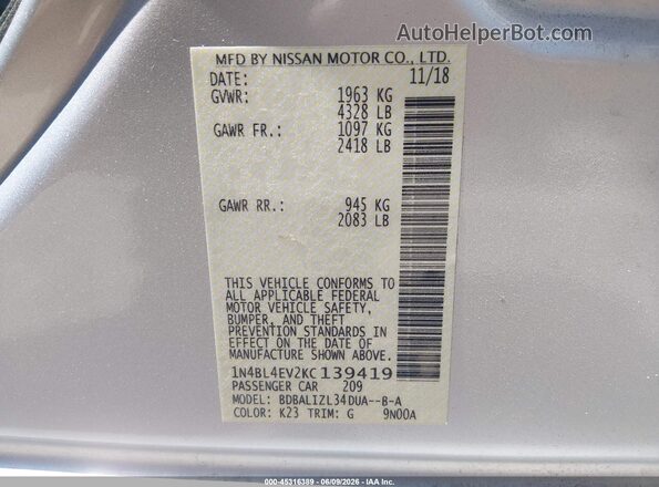 1N4BL4EV2KC139419 2019 NISSAN ALTIMA Silver 