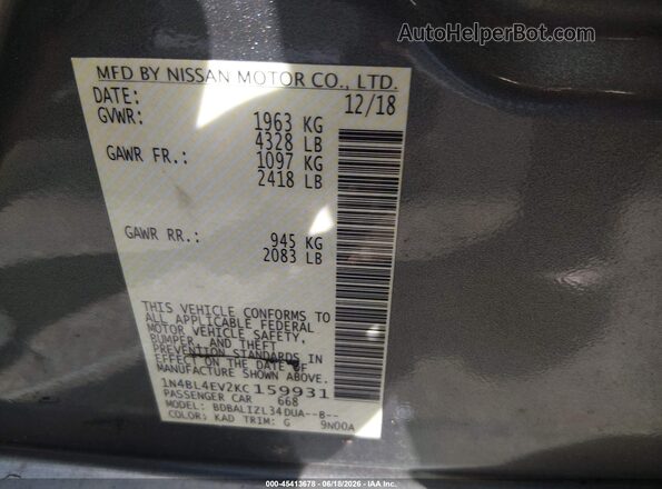 1N4BL4EV2KC159931 2019 NISSAN ALTIMA Gray Engine compartment view