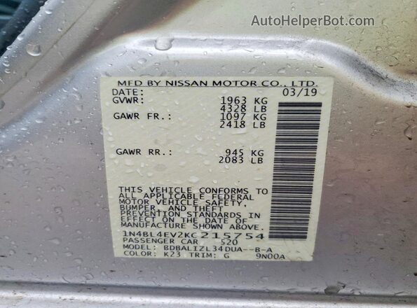 1N4BL4EV2KC215754 2019 NISSAN ALTIMA Серебряный 