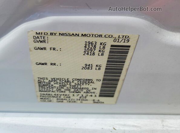 1N4BL4EV4KC171241 2019 NISSAN ALTIMA White Շարժիչի բաժամունքի տեսք