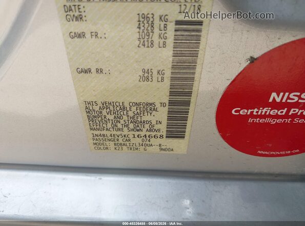 1N4BL4EV5KC164668 2019 NISSAN ALTIMA Silver Շարժիչի բաժամունքի տեսք