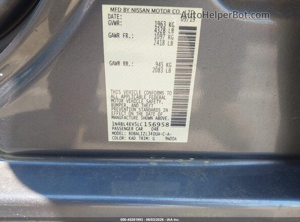 1N4BL4EV5LC156958 2020 NISSAN ALTIMA Серый Вид подкапотного пространства
