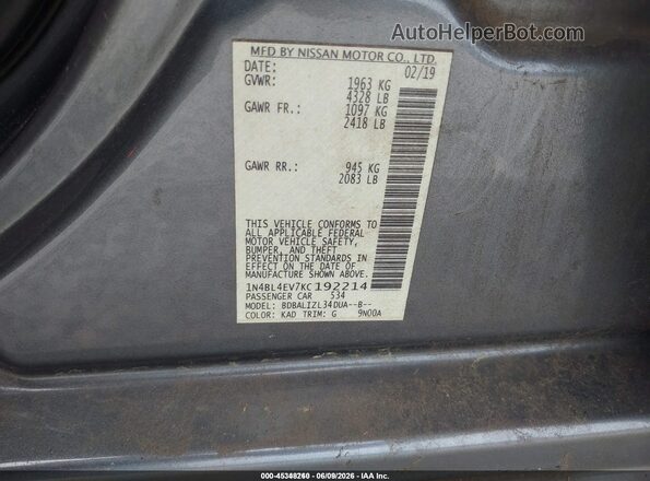 1N4BL4EV7KC192214 2019 NISSAN ALTIMA Gray ძრავის განყოფილების ხედი