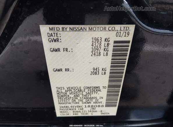 1N4BL4EV8KC188088 2019 NISSAN ALTIMA Black Vista del compartimento del motor