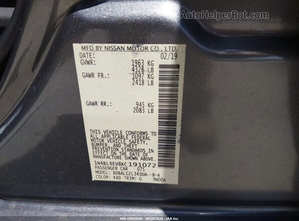 1N4BL4EV8KC191072 2019 NISSAN ALTIMA Gray Engine compartment view