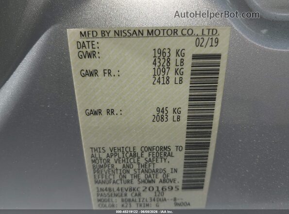 1N4BL4EV8KC201695 2019 NISSAN ALTIMA Silver Widok komory silnika
