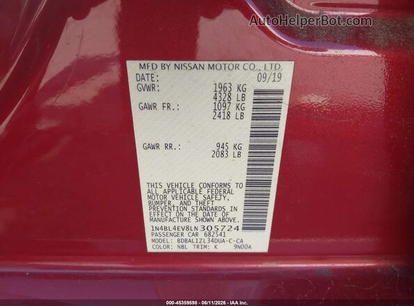 1N4BL4EV8LN305724 2020 NISSAN ALTIMA Red Vista del compartimento del motor