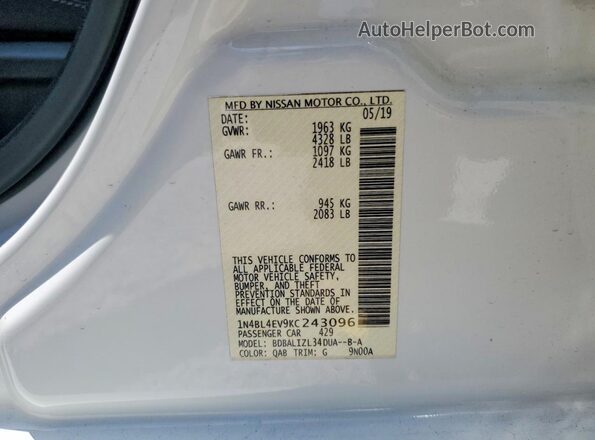 1N4BL4EV9KC243096 2019 NISSAN ALTIMA Белый 