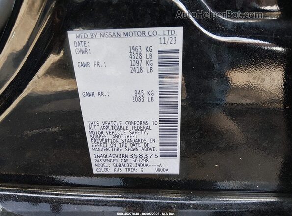 1N4BL4EV9RN358375 2024 NISSAN ALTIMA Black Widok komory silnika