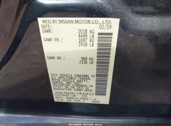 1N4BL4EW3KC181932 2019 NISSAN ALTIMA Black Вид підкапотного простору