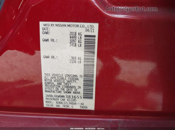 1N4BL4EW6MN383655 2021 NISSAN ALTIMA Red Вид підкапотного простору